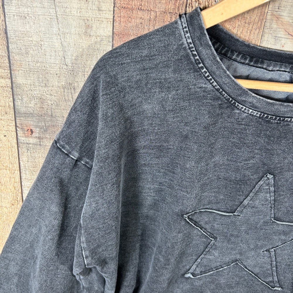 HAYDEN LOS ANGELES Gray Acid Wash Star Patch Balloon Sleeve Sweatshirt Large L - Picture 4 of 7